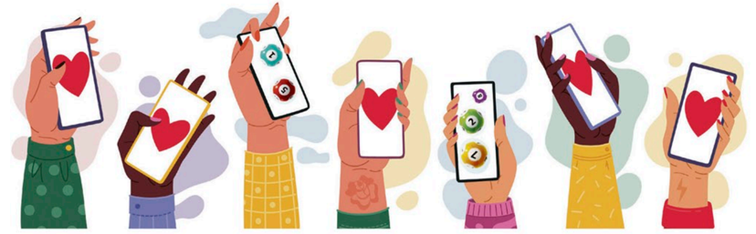 Cartoon hands holding smartphones for charity lottery